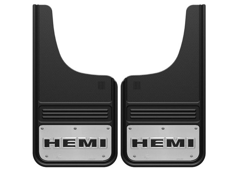 Truck Hardware 12" x 23" 2pc Front Stainless "HEMI" Mud Flaps - Click Image to Close